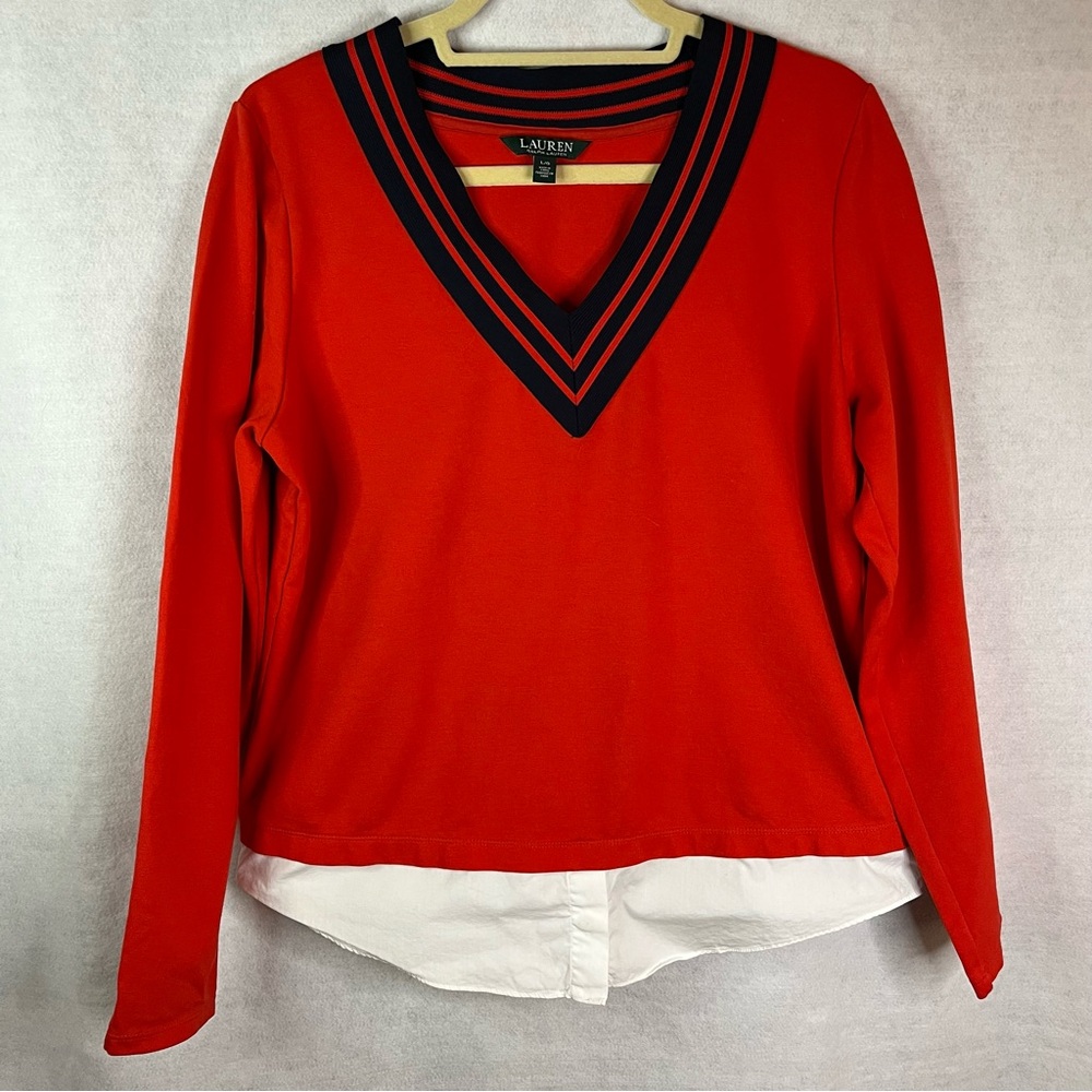 Lauren Ralph Lauren Layered Cricket Sweater Classic Preppy Aesthetic V-neck Sz L